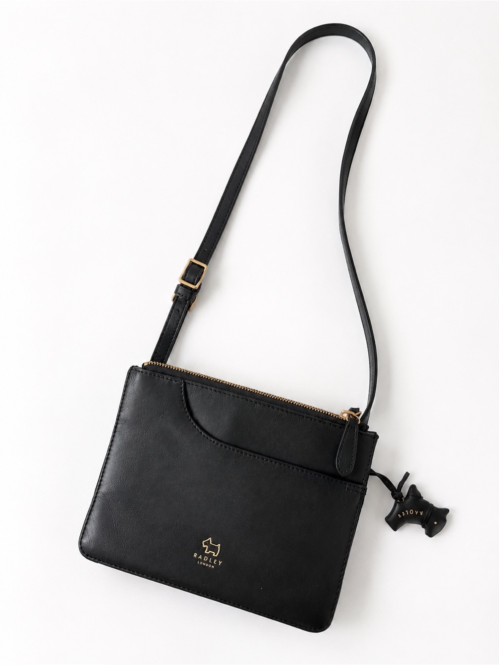 RADLEY Crossbody Purse - Black Leather Double Zip Bag with Scottie Dog Charm - Picture 6 of 6